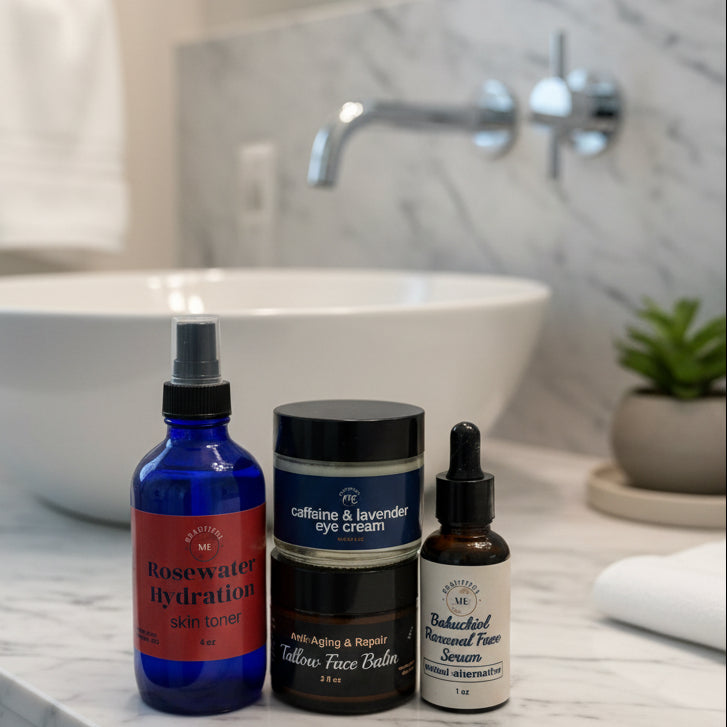 Anti-Aging Tallow Face Balm, Bakuchiol Face Serum, Rosewater Hydration, Caffeine & Lavender Eye Cream