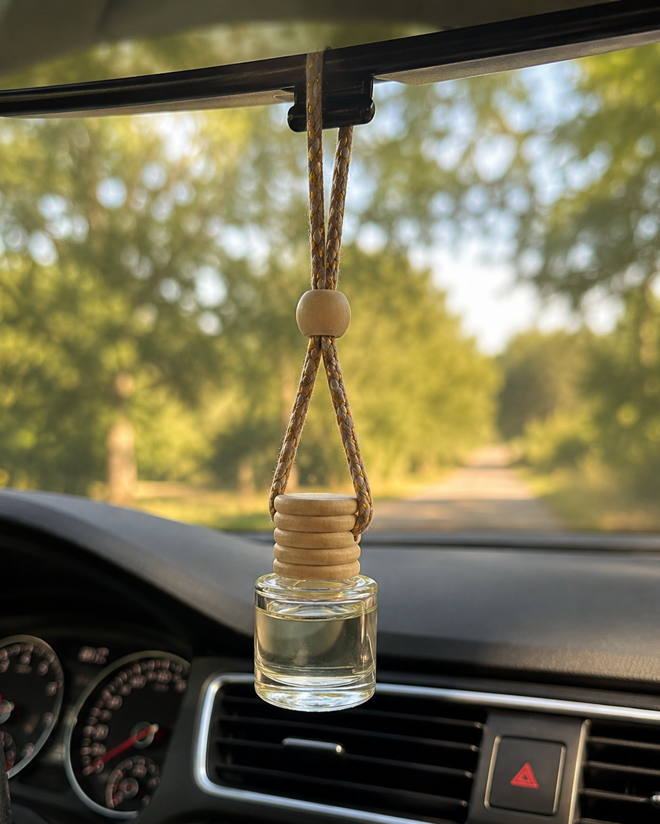 A clear glass car air freshener bottle with a light wood cap and a tan rope hanger, hanging from a rearview mirror inside a car with a blurred green forest background visible through the windshield.